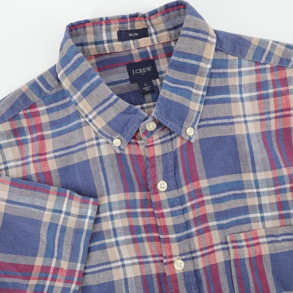 J.Crew Other - J. Crew Linen Blend Short‎ Sleeve Button Down Shirt Blue Plaid Slim Fit Mens L